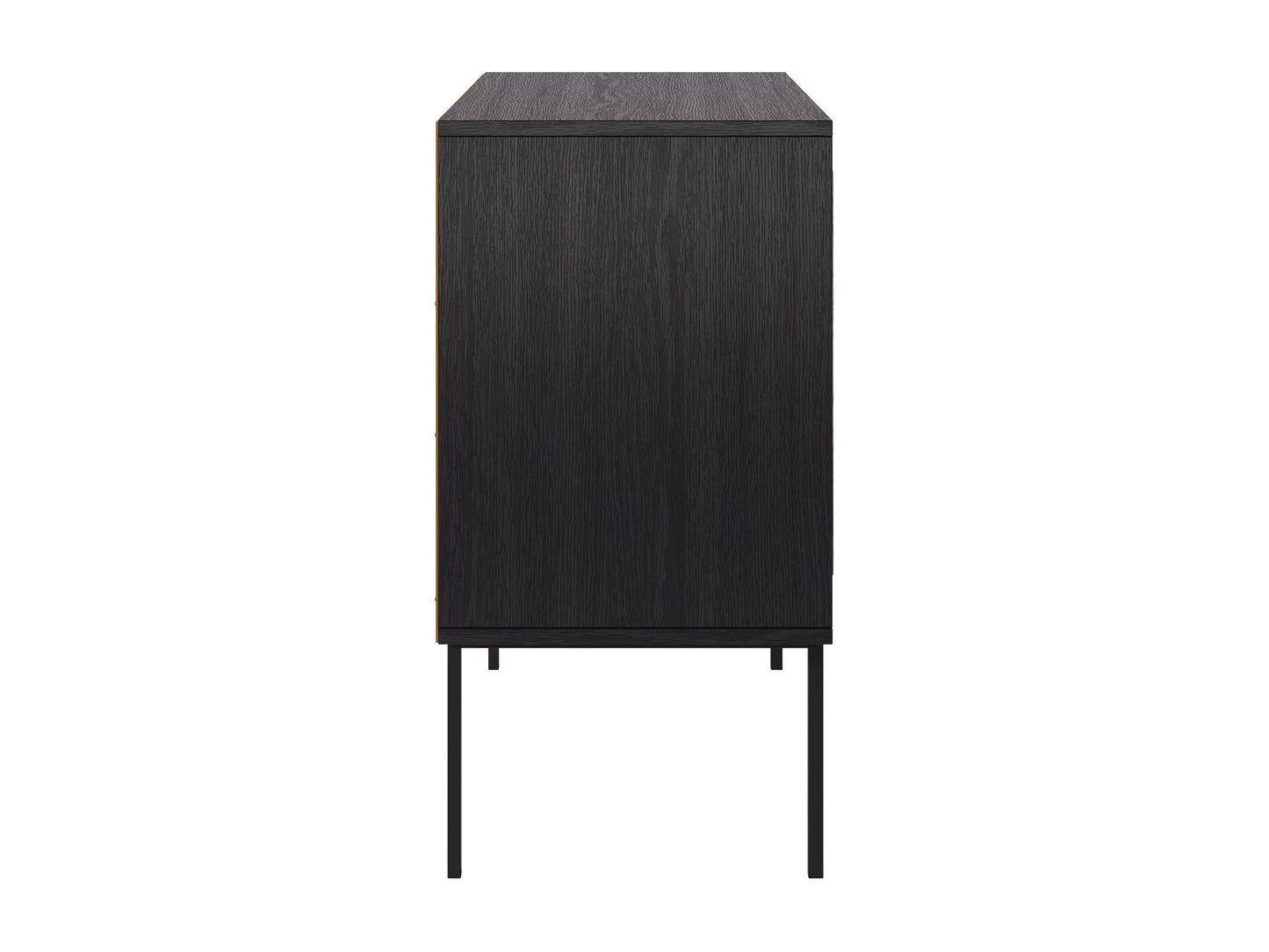 Black accent dining cabinet with sleek metal handles, featuring a modern design, two spacious drawers, and a textured wood finish. Ideal for stylish dining room storage and organization.