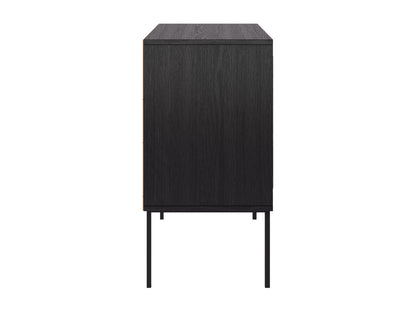 Black accent dining cabinet with sleek metal handles, featuring a modern design, two spacious drawers, and a textured wood finish. Ideal for stylish dining room storage and organization.