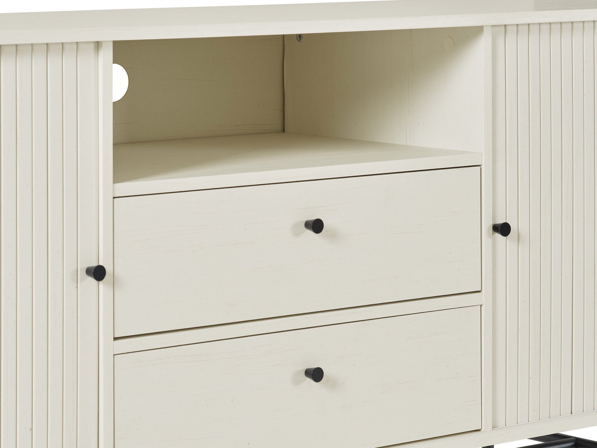 White curved sideboard with sleek modern design, featuring smooth white lacquer finish, curved edges, and minimalist handles. Ideal for contemporary living spaces, offering ample storage with a stylish touch.