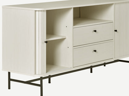 White curved sideboard with sleek modern design, featuring smooth white lacquer finish, curved edges, and minimalist handles. Ideal for contemporary living spaces, offering ample storage with a stylish touch.