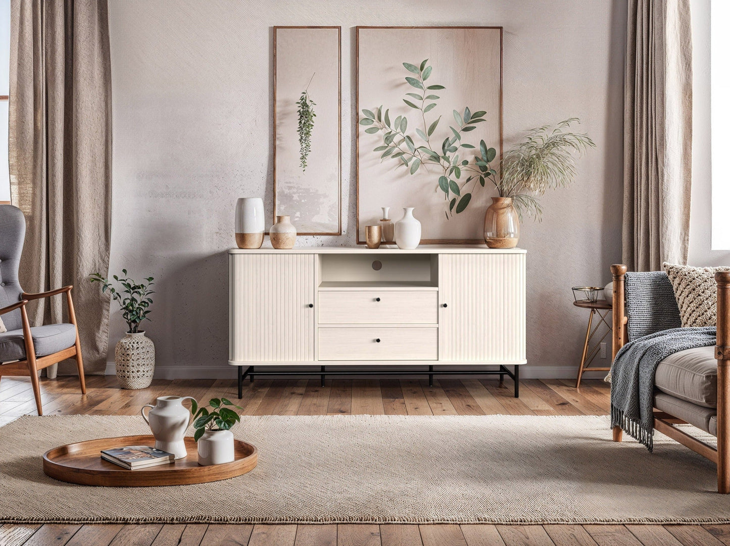 White curved sideboard with sleek modern design, featuring smooth white lacquer finish, curved edges, and minimalist handles. Ideal for contemporary living spaces, offering ample storage with a stylish touch.