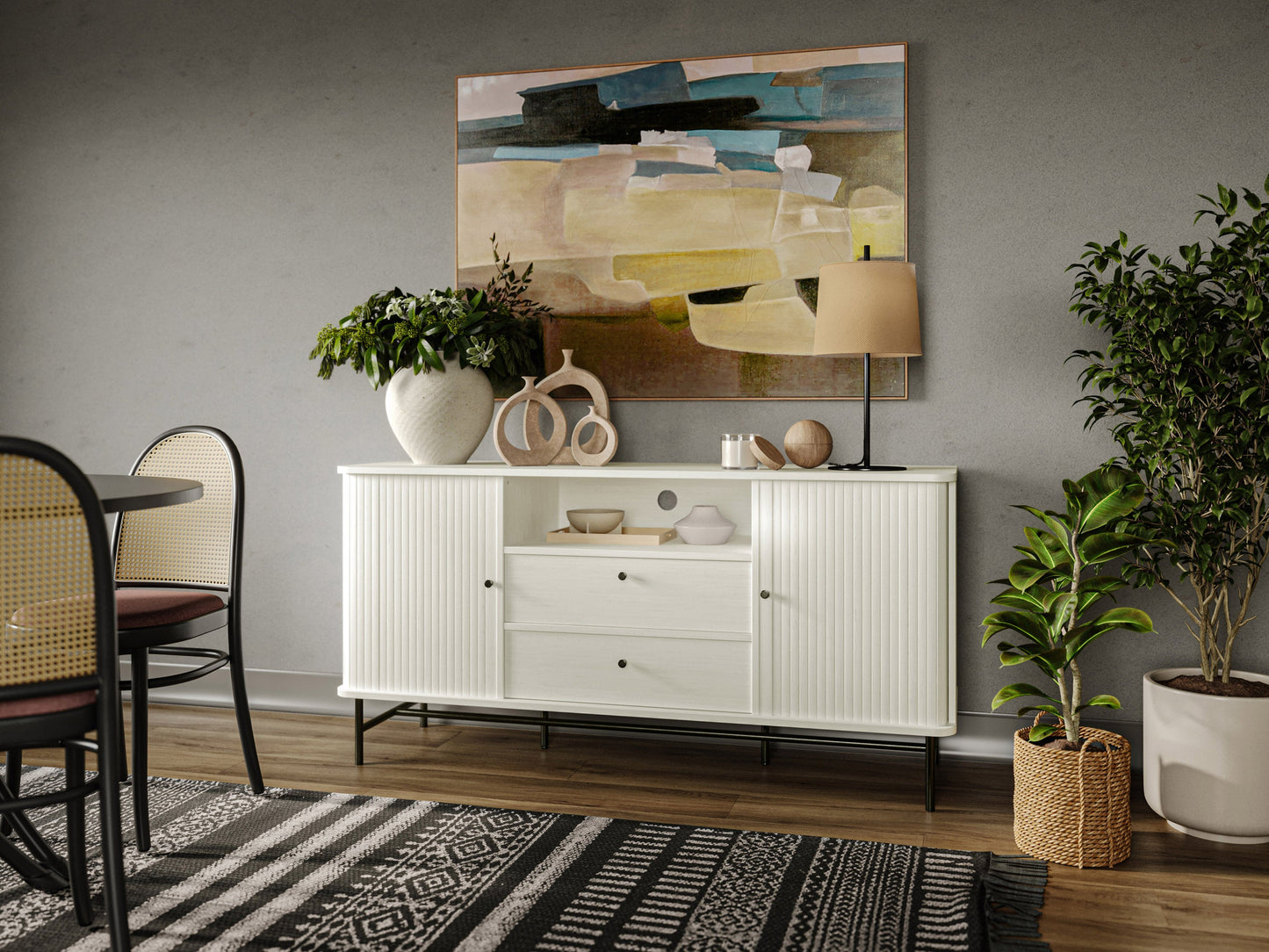 White curved sideboard with sleek modern design, featuring smooth white lacquer finish, curved edges, and minimalist handles. Ideal for contemporary living spaces, offering ample storage with a stylish touch.