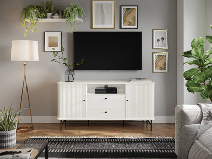 White curved sideboard with sleek modern design, featuring smooth white lacquer finish, curved edges, and minimalist handles. Ideal for contemporary living spaces, offering ample storage with a stylish touch.