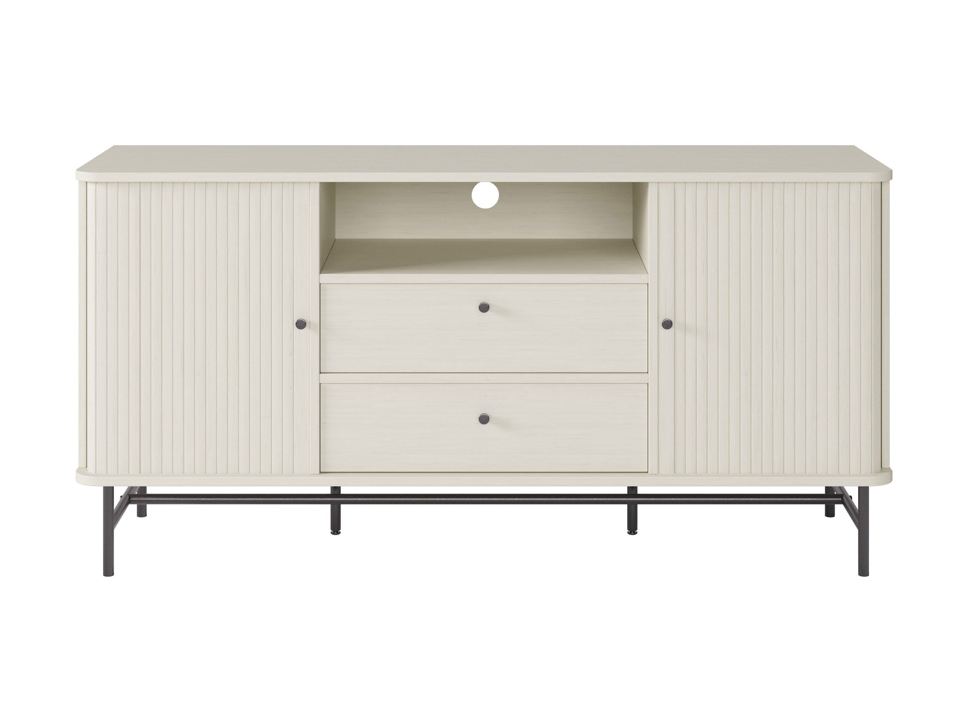 White curved sideboard with sleek modern design, featuring smooth white lacquer finish, curved edges, and minimalist handles. Ideal for contemporary living spaces, offering ample storage with a stylish touch.