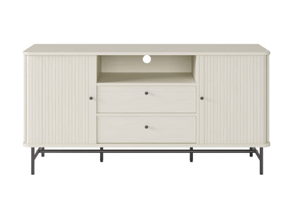 White curved sideboard with sleek modern design, featuring smooth white lacquer finish, curved edges, and minimalist handles. Ideal for contemporary living spaces, offering ample storage with a stylish touch.