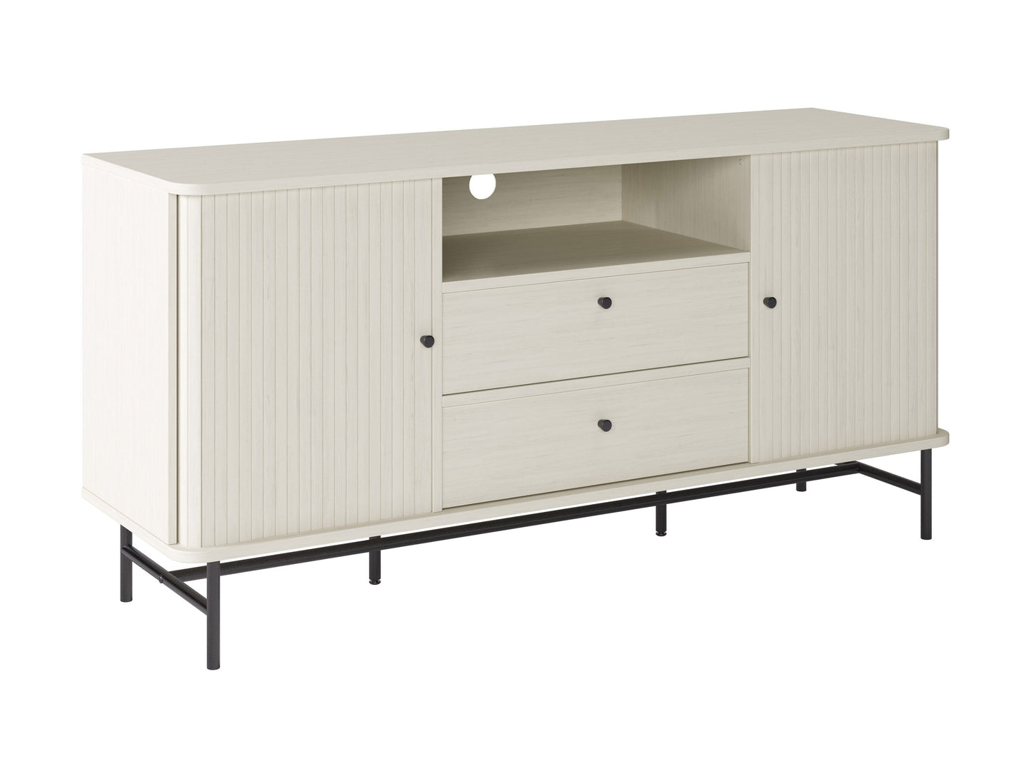 White curved sideboard with sleek modern design, featuring smooth white lacquer finish, curved edges, and minimalist handles. Ideal for contemporary living spaces, offering ample storage with a stylish touch.