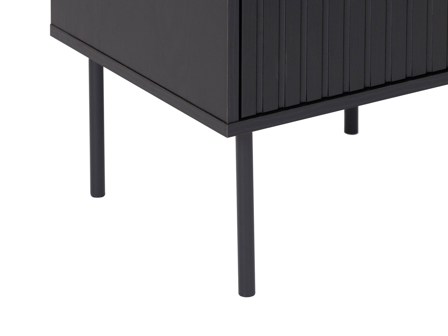 Black fluted side table with a round top, sleek black finish, and vertical grooves for a modern, elegant look. Made of durable wood, perfect for living rooms or bedrooms as a stylish accent piece.