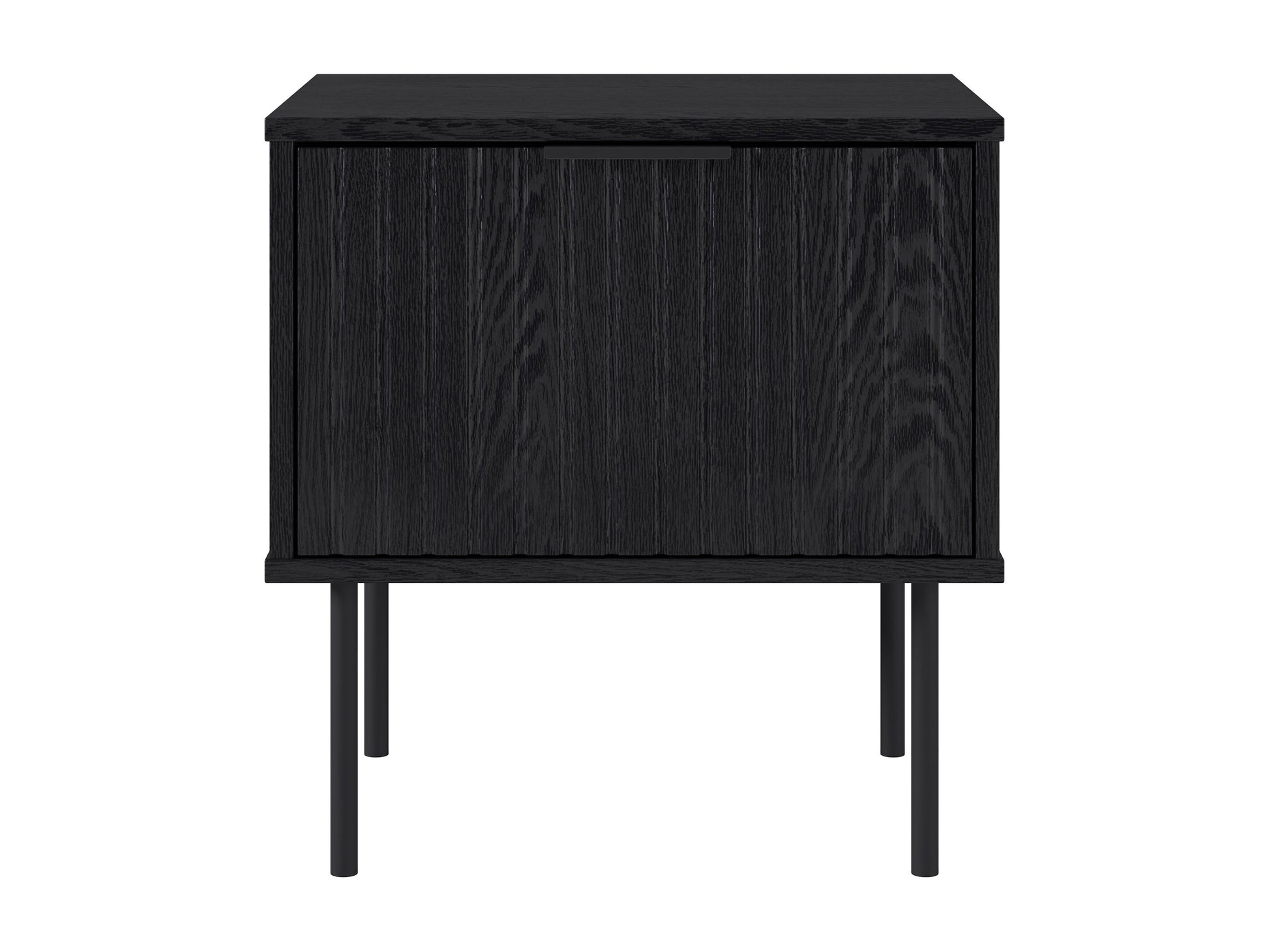 Black fluted side table with a round top, sleek black finish, and vertical grooves for a modern, elegant look. Made of durable wood, perfect for living rooms or bedrooms as a stylish accent piece.