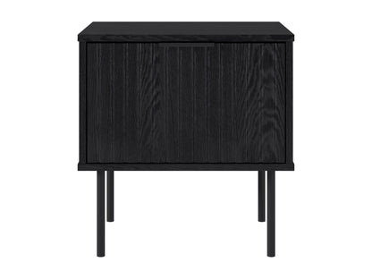 Black fluted side table with a round top, sleek black finish, and vertical grooves for a modern, elegant look. Made of durable wood, perfect for living rooms or bedrooms as a stylish accent piece.