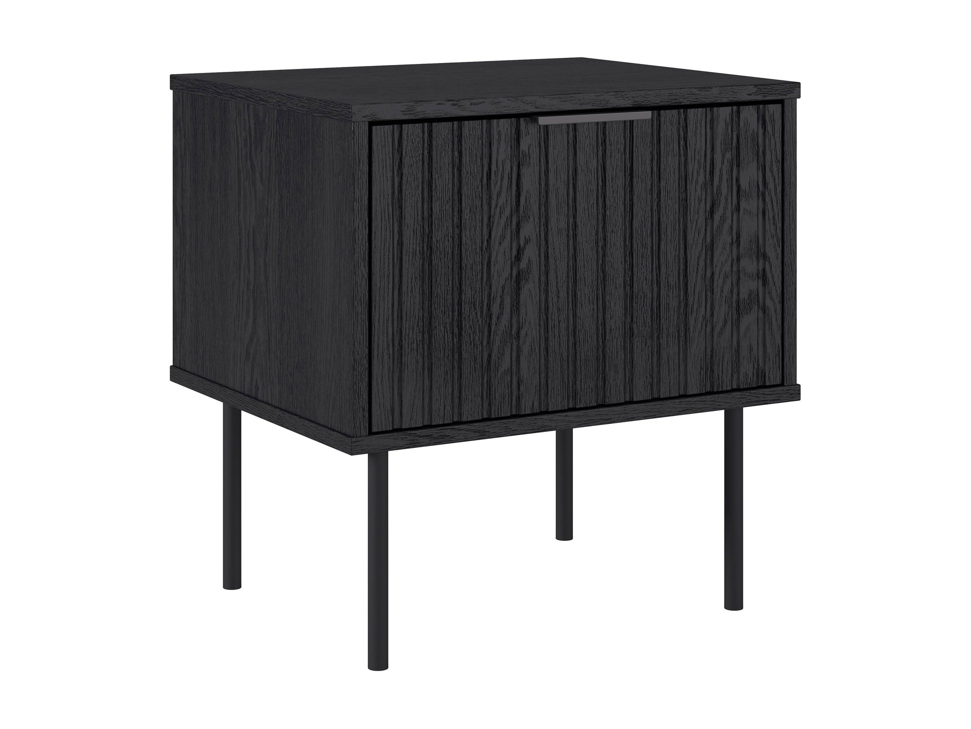 Black fluted side table with a round top, sleek black finish, and vertical grooves for a modern, elegant look. Made of durable wood, perfect for living rooms or bedrooms as a stylish accent piece.