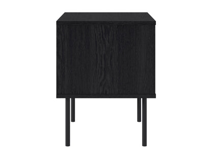 Black fluted side table with a round top, sleek black finish, and vertical grooves for a modern, elegant look. Made of durable wood, perfect for living rooms or bedrooms as a stylish accent piece.