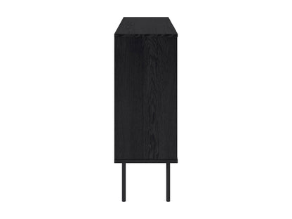 Dark wood bar cabinet with brass handles, featuring a sleek modern design, two doors with geometric patterns, and interior shelving for wine and glass storage. Ideal for dining room or home bar.