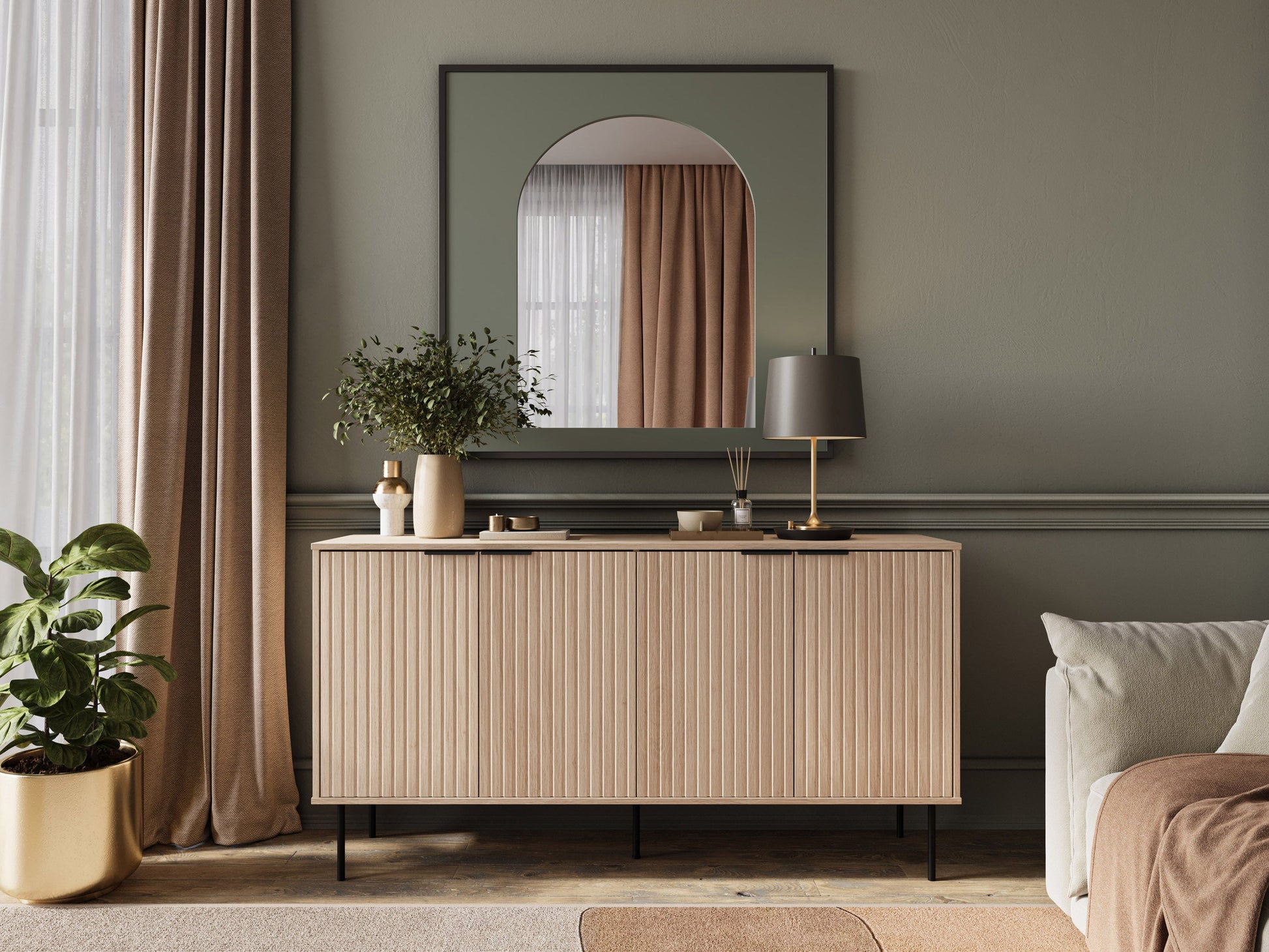 Light wood sideboard with three drawers and two cabinets, featuring sleek metal handles, smooth finish, and minimalist design. Ideal for modern living rooms or dining spaces.