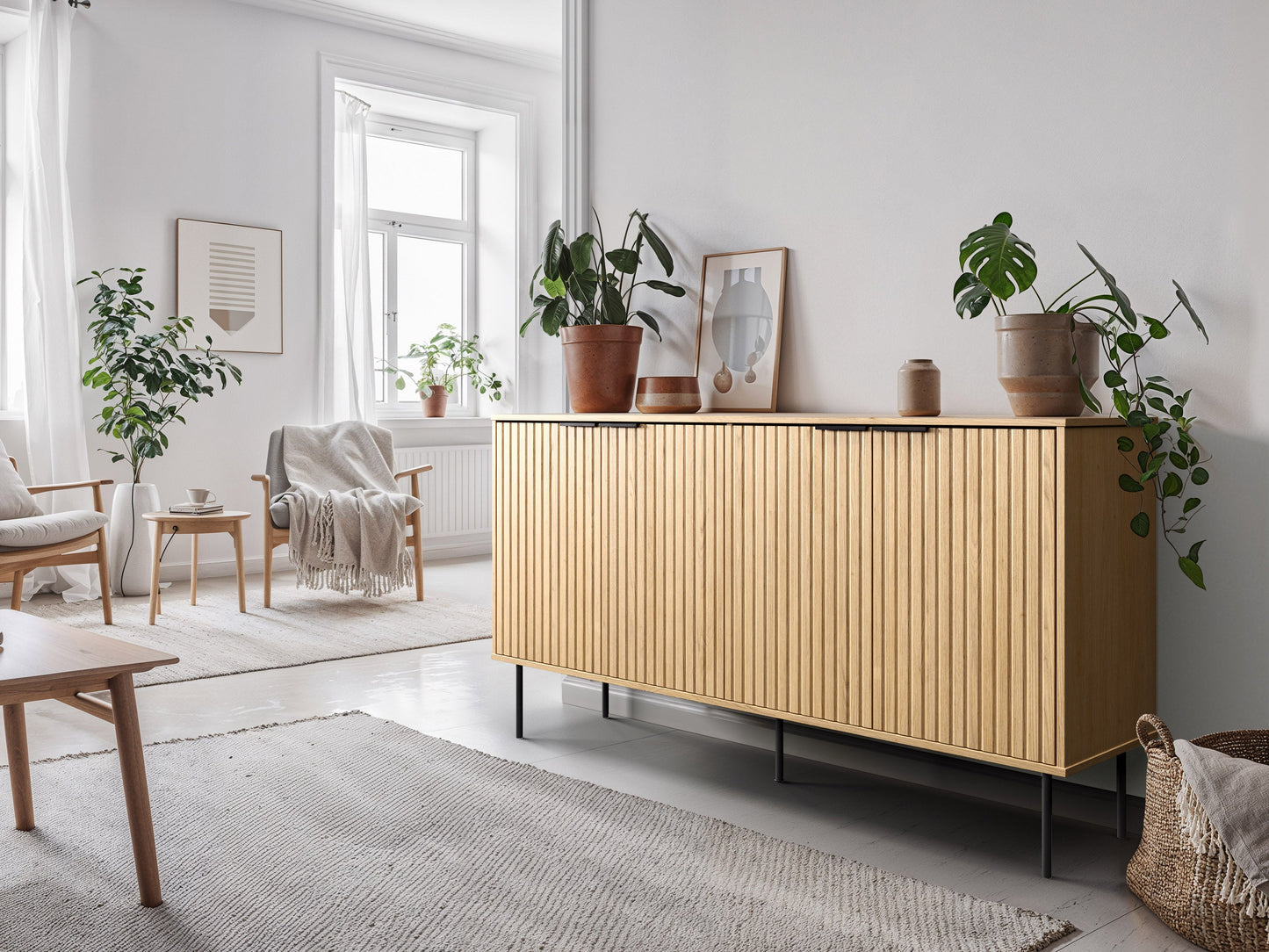 Light wood sideboard with three drawers and two cabinets, featuring sleek metal handles, smooth finish, and minimalist design. Ideal for modern living rooms or dining spaces.