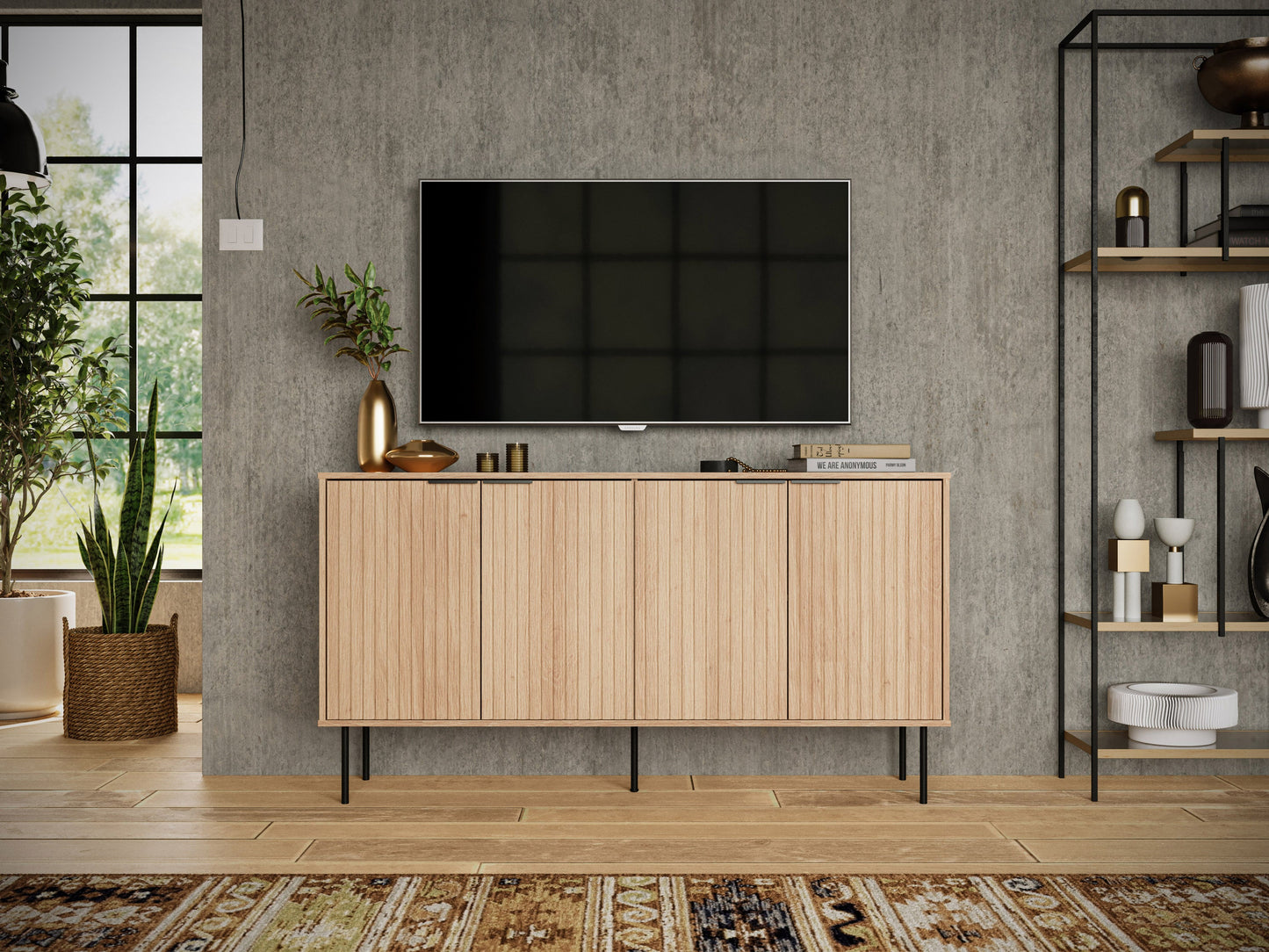 Light wood sideboard with three drawers and two cabinets, featuring sleek metal handles, smooth finish, and minimalist design. Ideal for modern living rooms or dining spaces.