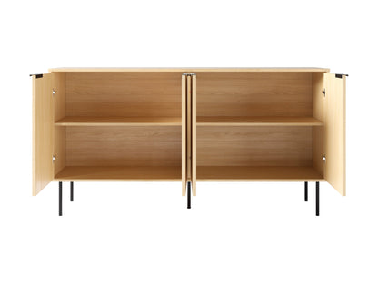 Light wood sideboard with three drawers and two cabinets, featuring sleek metal handles, smooth finish, and minimalist design. Ideal for modern living rooms or dining spaces.