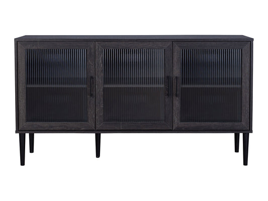 Fluted glass sideboard with sleek black metal frame, featuring double doors with vertical glass panels, minimalist handles, and a smooth black top surface. Ideal for modern living or dining rooms.