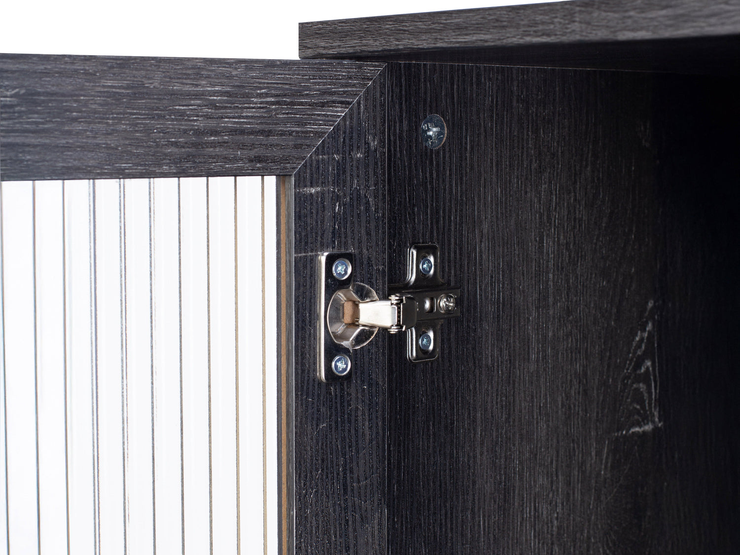 Fluted glass buffet cabinet with black metal frame, featuring two glass doors with vertical ribbed texture, wooden shelves inside, and sleek modern design for dining room storage.