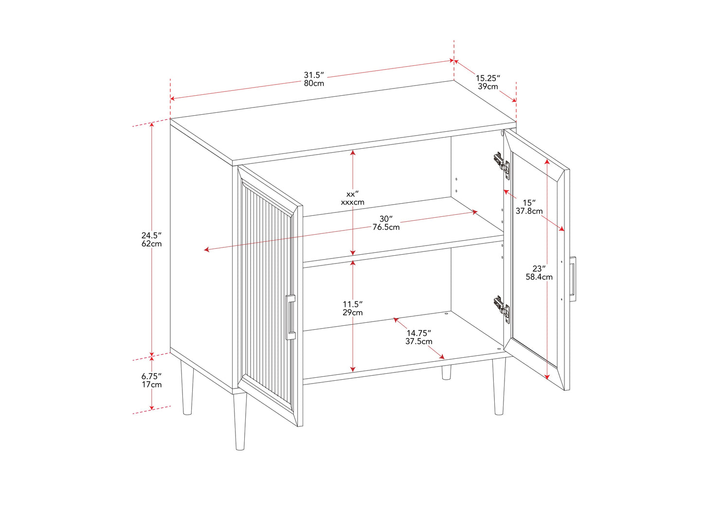 Fluted glass buffet cabinet with dark wood frame, two glass doors, and brass handles. Elegant dining storage with textured glass panels and sleek modern design. Ideal for contemporary dining spaces.