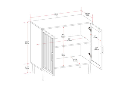 Fluted glass buffet cabinet with dark wood frame, two glass doors, and brass handles. Elegant dining storage with textured glass panels and sleek modern design. Ideal for contemporary dining spaces.