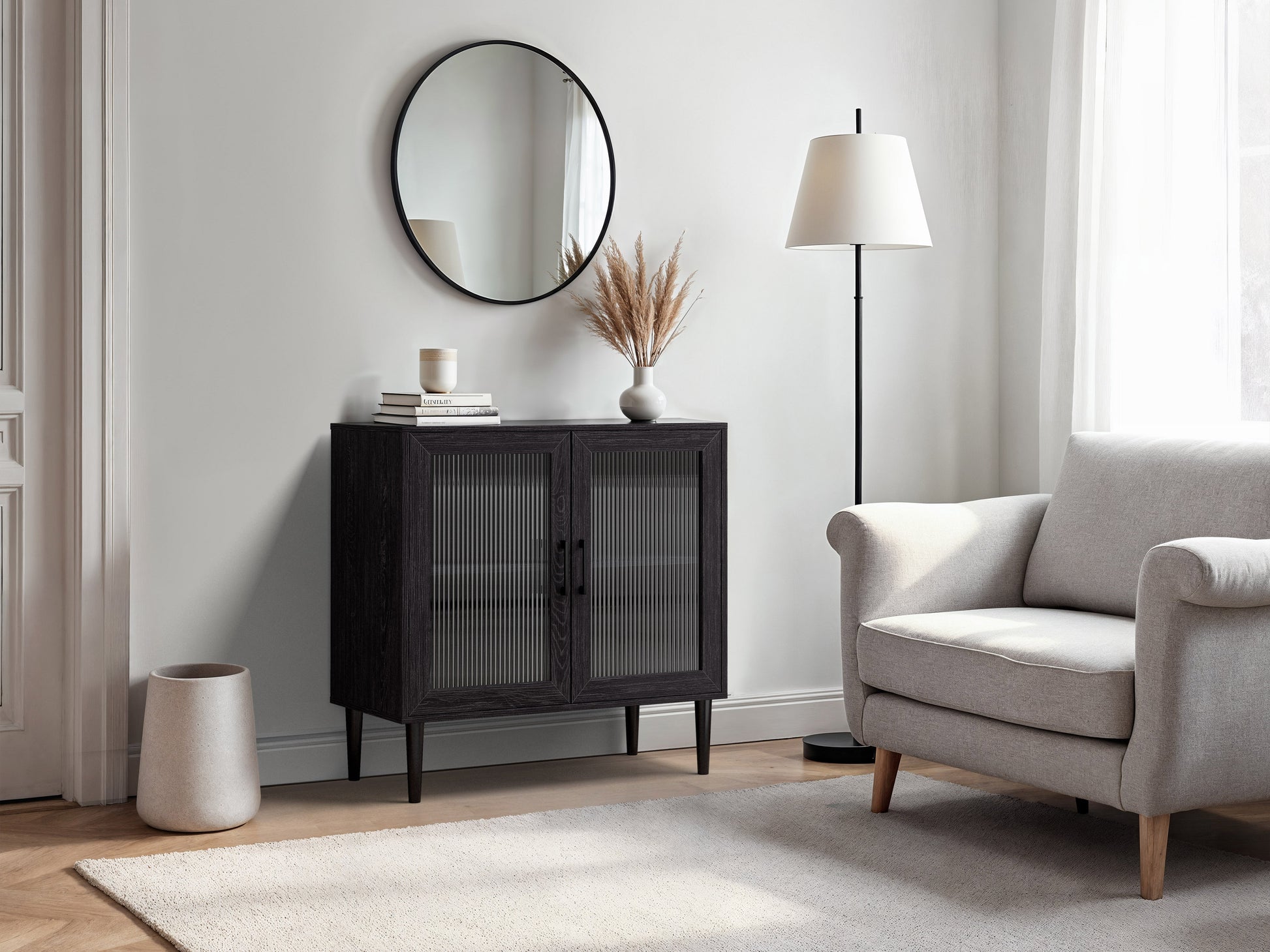 Fluted glass buffet cabinet with dark wood frame, featuring two glass doors and metal handles, elegant dining room storage solution.