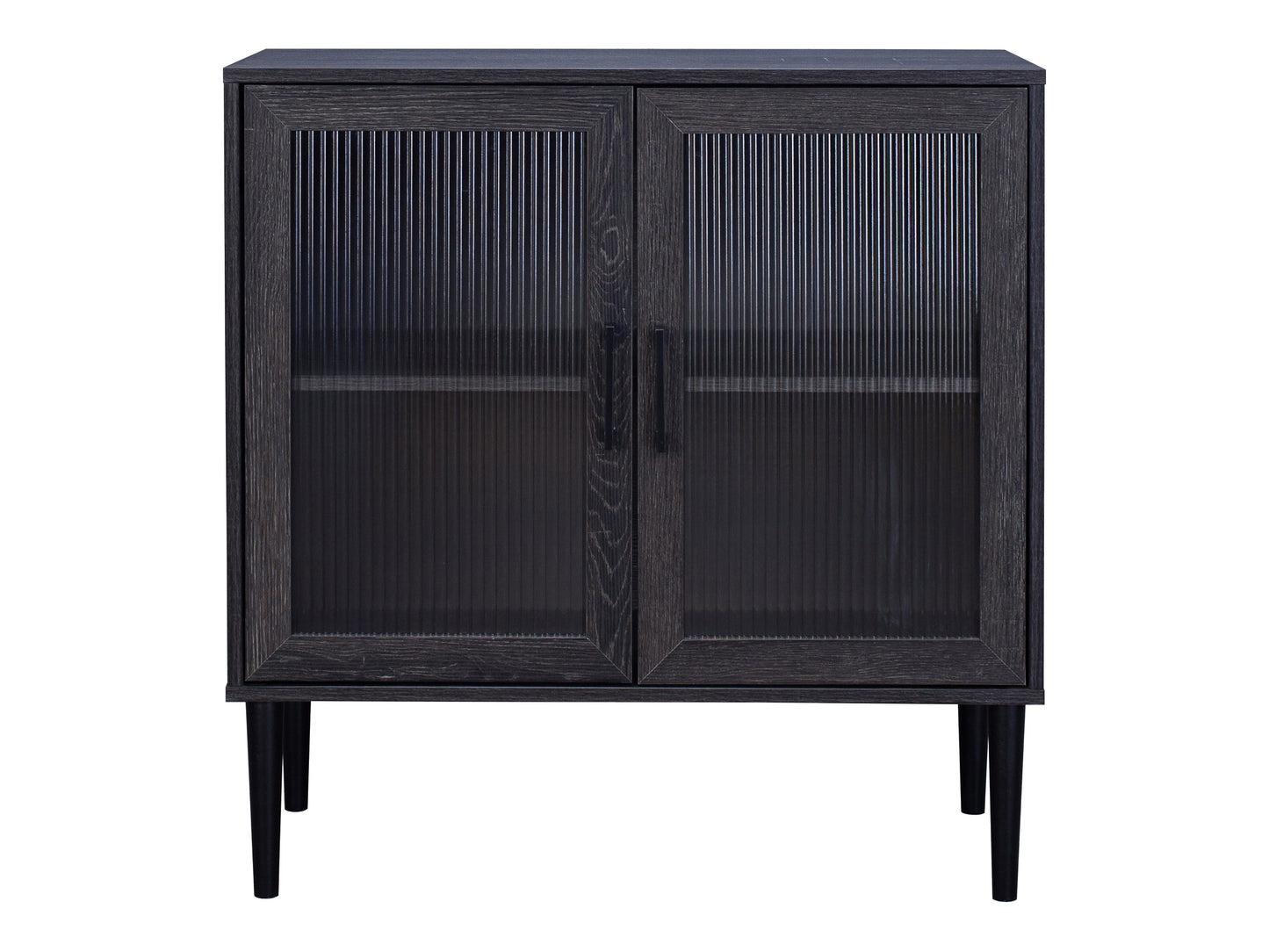 Fluted glass buffet cabinet with black metal frame, featuring two sliding glass doors and a wooden base, ideal for dining room storage.