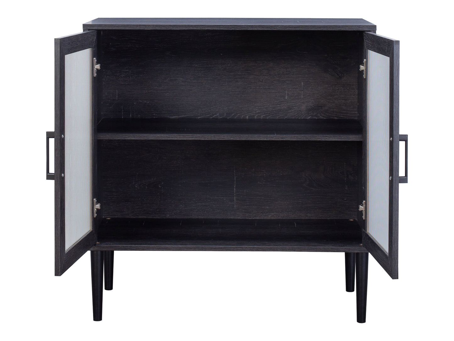 Fluted glass buffet cabinet with dark wood frame, sleek black metal legs, and three spacious compartments. Ideal for dining room storage and modern home décor.