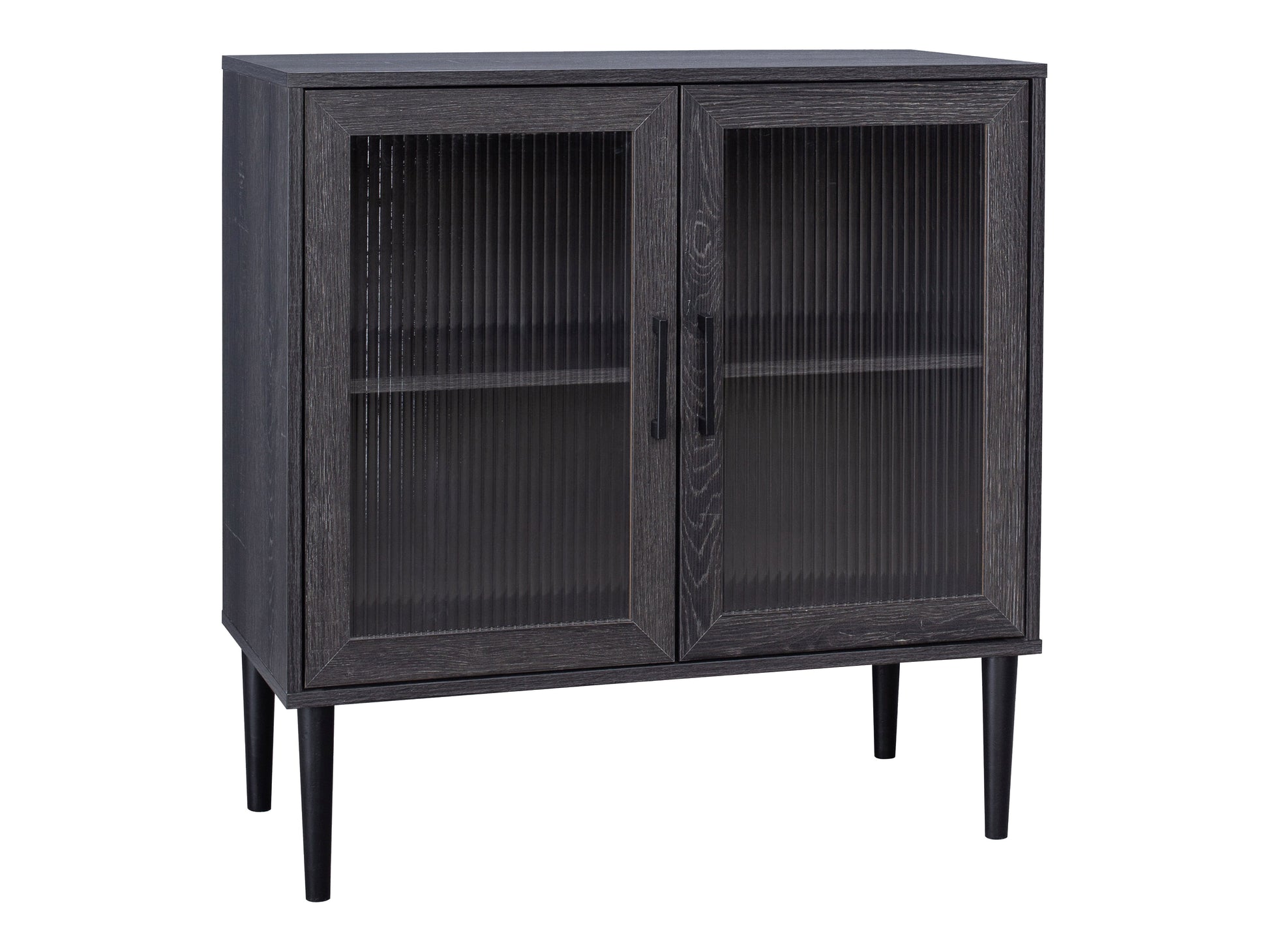 Fluted glass buffet cabinet with walnut finish, featuring sleek black metal legs, two glass doors with vertical fluting, and spacious interior shelves for dining storage.