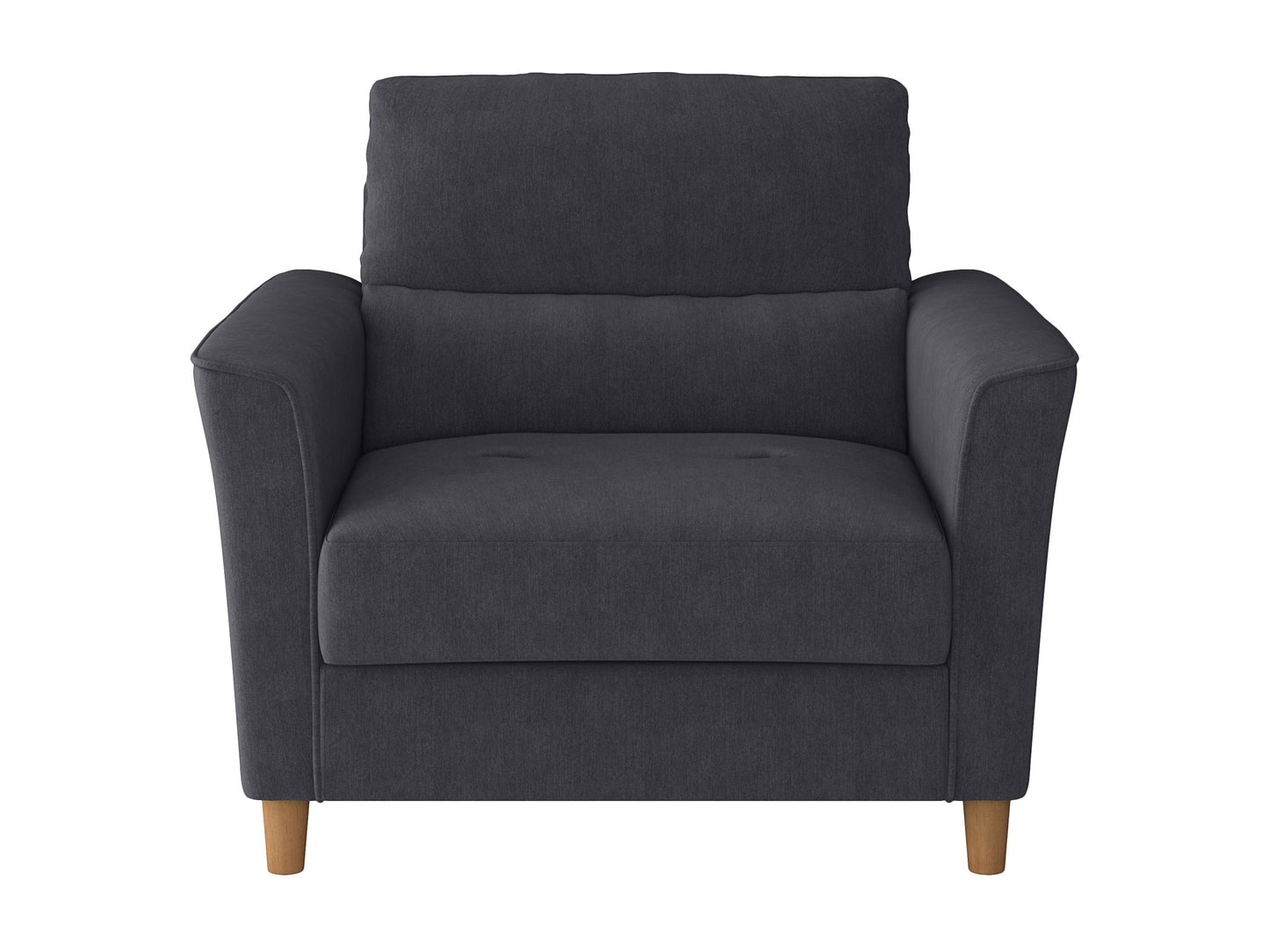 Modern gray armchair with plush cushions, sleek metal legs, and soft fabric upholstery, perfect for living rooms or offices, providing comfort and style.