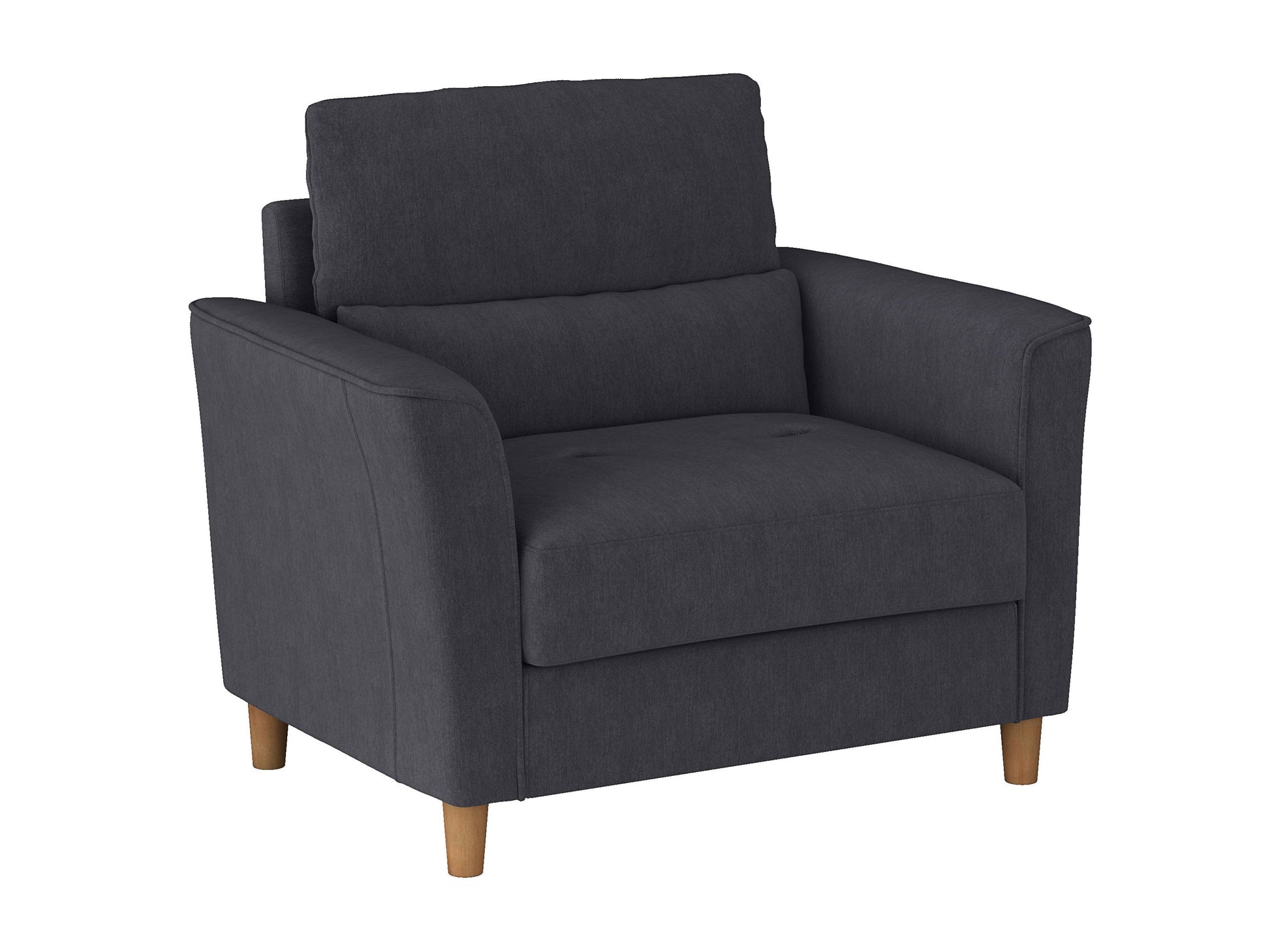 Modern gray fabric arm chair with plush cushioning, wide seat, and wooden legs; perfect for cozy living room seating.