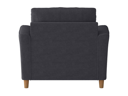 Luxurious arm chair in soft gray fabric with plush cushioning, wide seat, and wooden legs. Ideal for living room comfort and modern home decor.