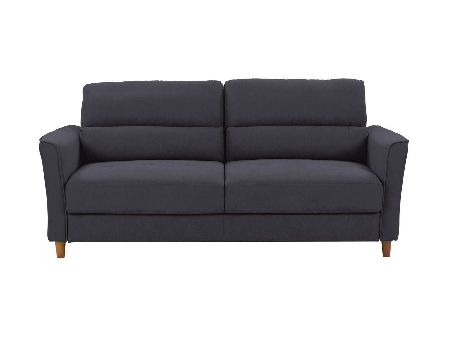 Dark grey 3-seater sofa with plush cushions, modern design, and wooden legs. Upholstered in durable fabric, perfect for contemporary living rooms.