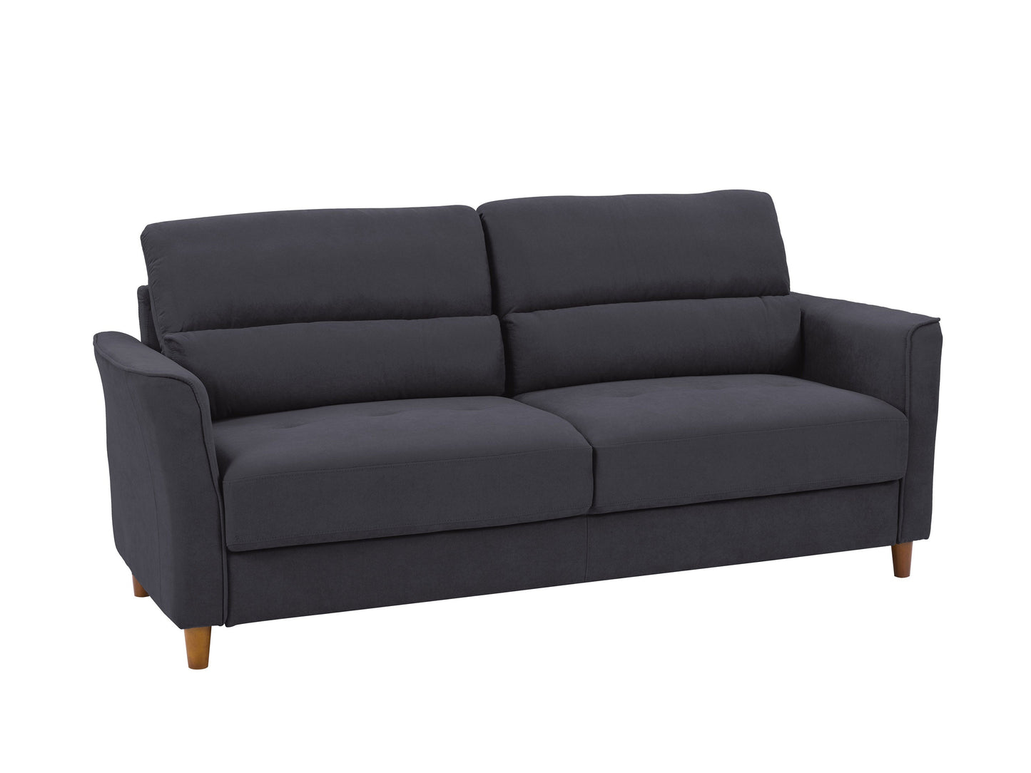 Dark grey 3-seater sofa with plush cushions, modern design, and wooden legs. Upholstered in durable fabric, perfect for contemporary living rooms.