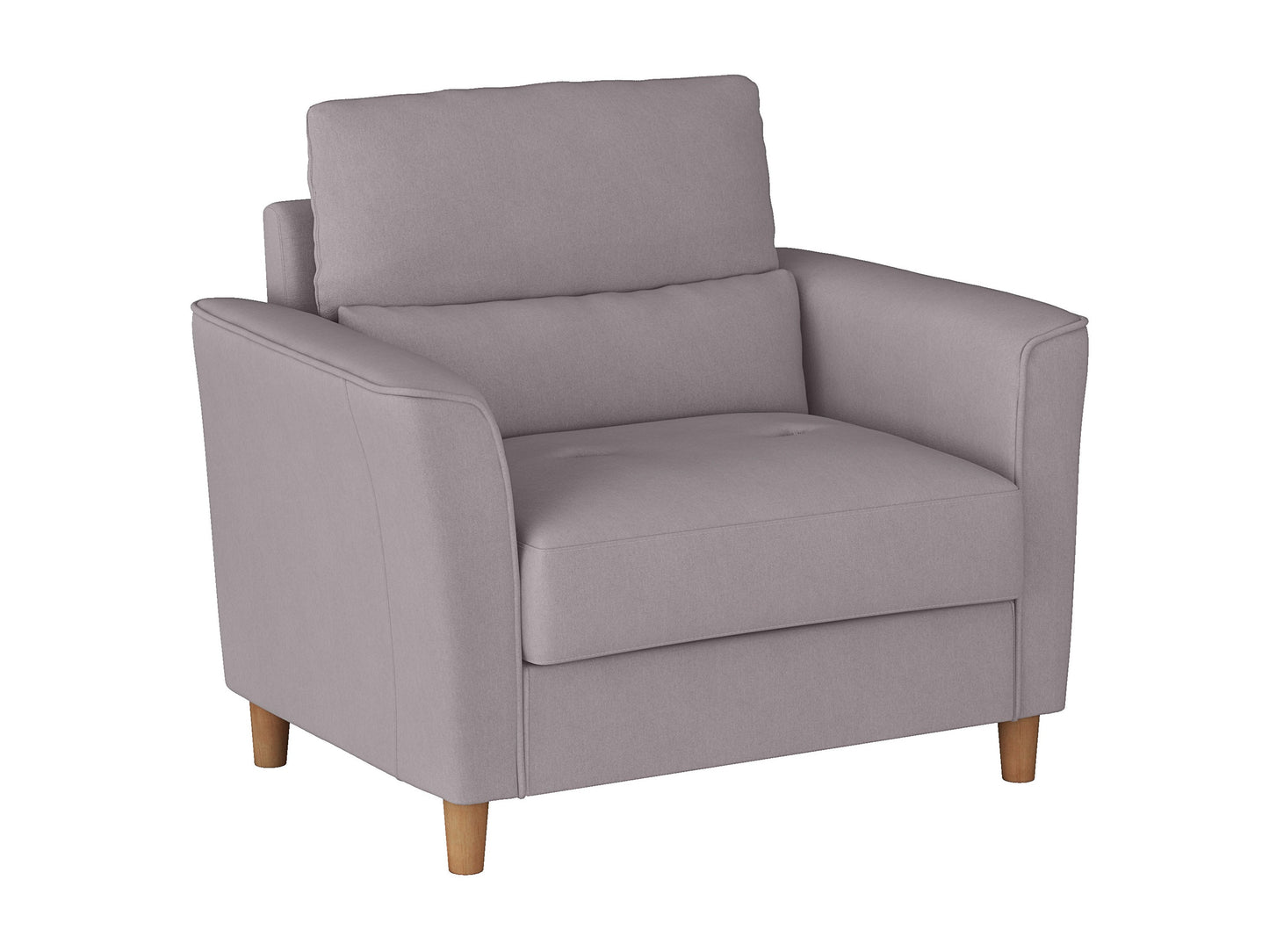 Modern armchair with light gray upholstery, plush cushions, and sleek black metal legs. Features a wide seat and contemporary design, perfect for living rooms or lounges.