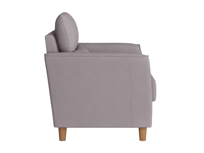 Modern armchair in light gray fabric with plush cushioning, wide seating, and dark wooden legs, perfect for living room or lounge area.