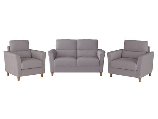 Gray 3 piece living room sofa set with plush cushions, modern design, and wooden legs. Features a spacious three-seater sofa, cozy loveseat, and comfortable armchair. Ideal for contemporary home decor.