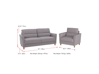 Light grey 3-seat sofa and matching chair set with plush cushions, modern design, and wooden legs, perfect for living room decor. Durable fabric upholstery, sleek lines, and comfortable seating for a stylish home.