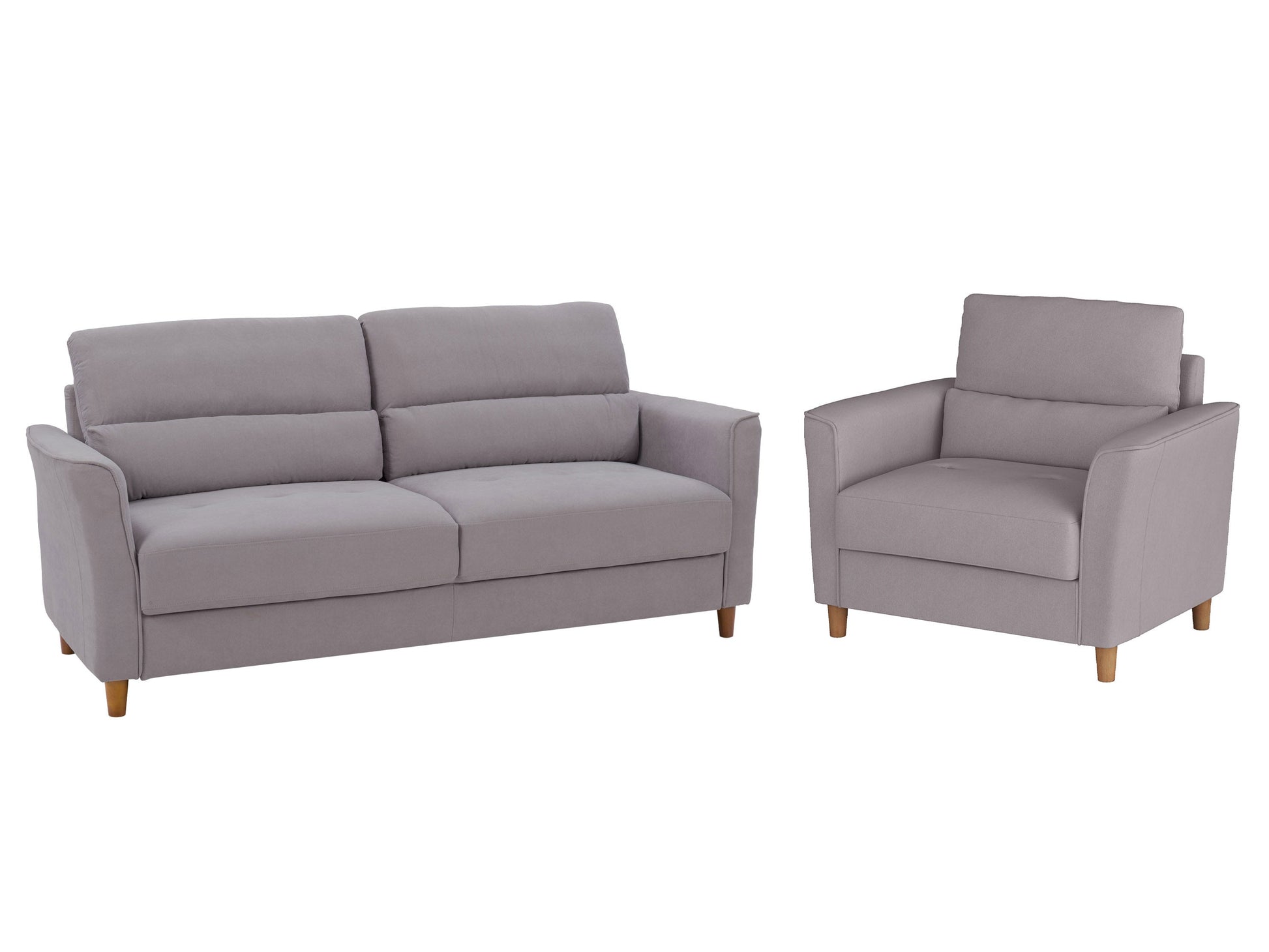 Light grey 3-seat sofa and matching chair set with plush cushions, modern design, and wooden legs, perfect for living room decor. Durable fabric upholstery, sleek lines, and comfortable seating for a stylish home.