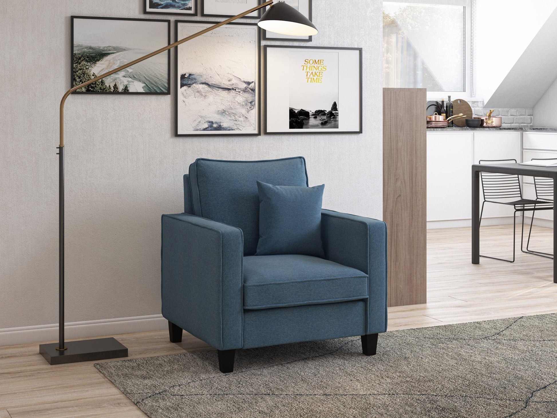 Blue mid-century modern arm chair with wooden legs, upholstered in soft fabric, featuring a curved backrest and cushioned seat for comfort and style. Ideal for living rooms or reading nooks.