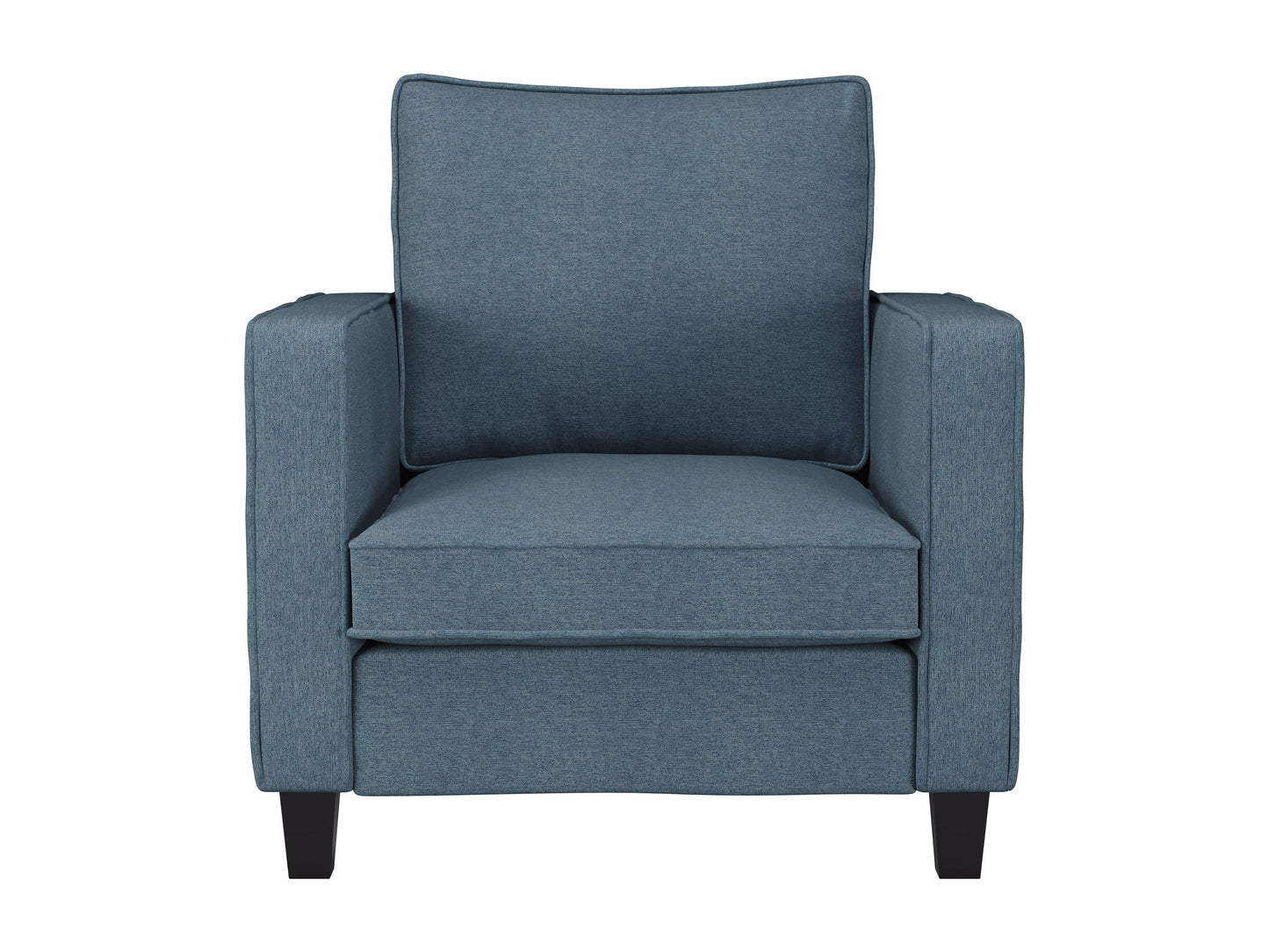 Blue mid-century modern arm chair with wooden legs, upholstered in soft fabric, featuring a curved backrest and cushioned seat for comfort and style. Ideal for living rooms or reading nooks.