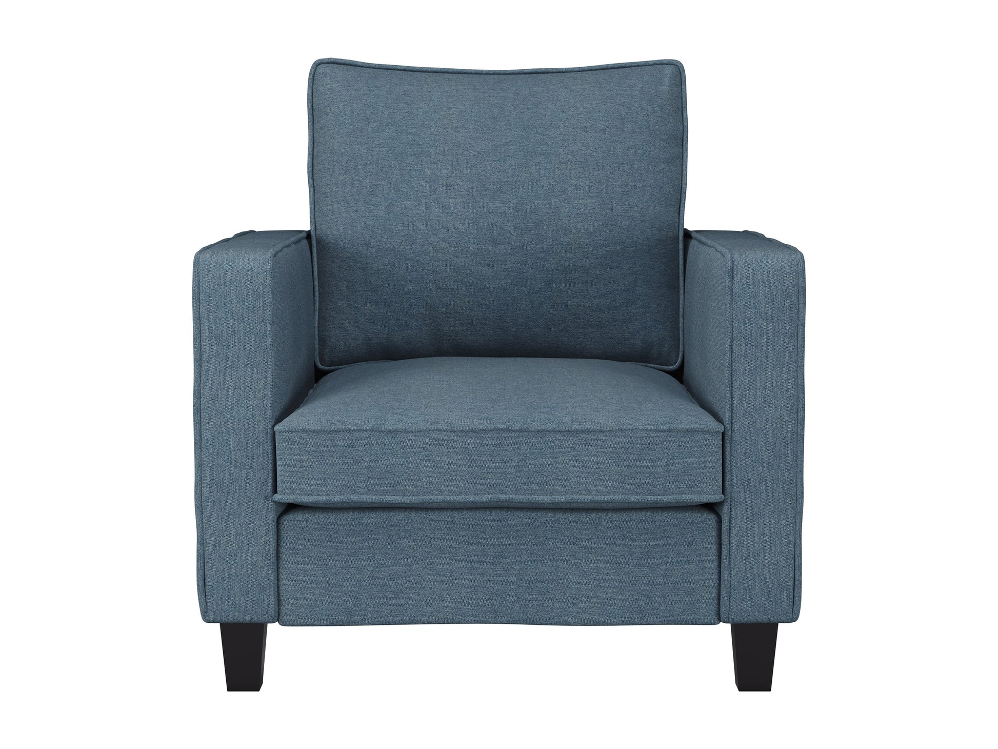 Blue mid-century modern arm chair with wooden legs, upholstered in soft fabric, featuring a curved backrest and cushioned seat for comfort and style. Ideal for living rooms or reading nooks.