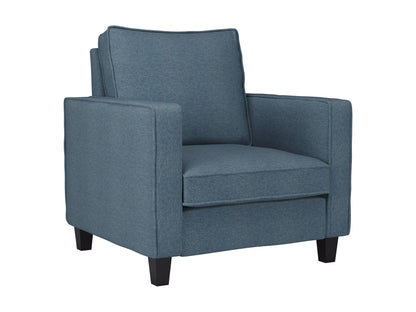 Blue mid-century modern arm chair with wooden legs, upholstered in soft fabric, featuring a curved backrest and cushioned seat for comfort and style. Ideal for living rooms or reading nooks.