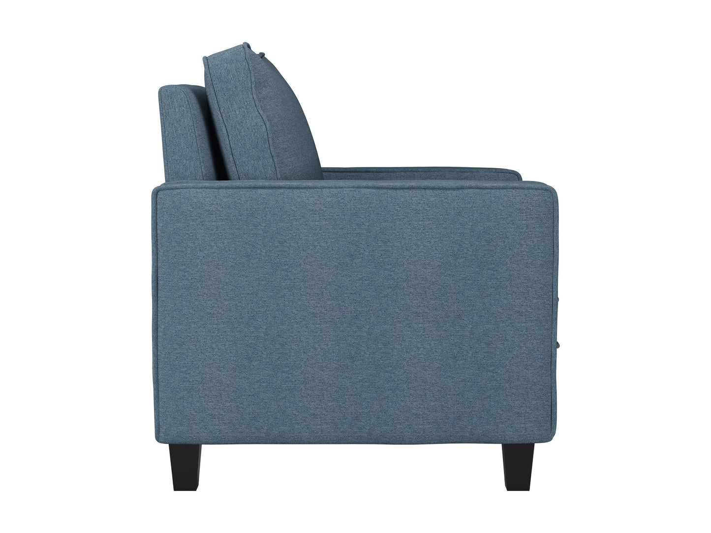 Blue mid-century modern arm chair with wooden legs, upholstered in soft fabric, featuring a curved backrest and cushioned seat for comfort and style. Ideal for living rooms or reading nooks.