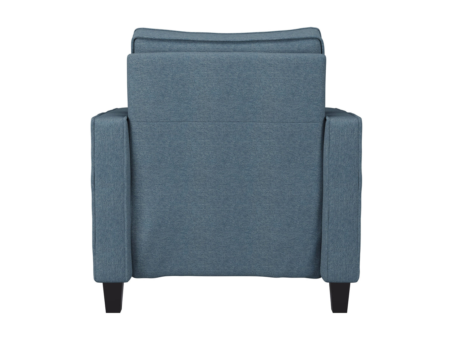 Blue mid-century modern arm chair with wooden legs, upholstered in soft fabric, featuring a curved backrest and cushioned seat for comfort and style. Ideal for living rooms or reading nooks.