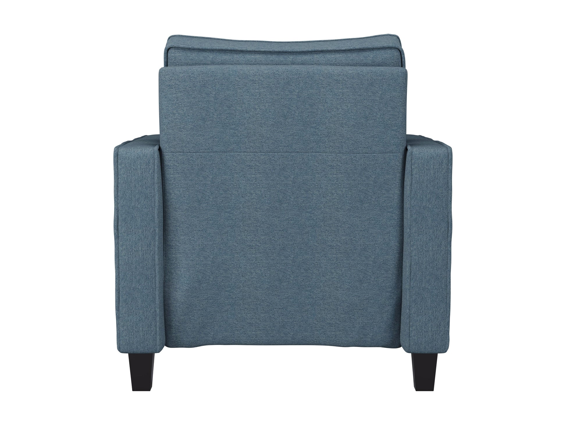 Blue mid-century modern arm chair with wooden legs, upholstered in soft fabric, featuring a curved backrest and cushioned seat for comfort and style. Ideal for living rooms or reading nooks.