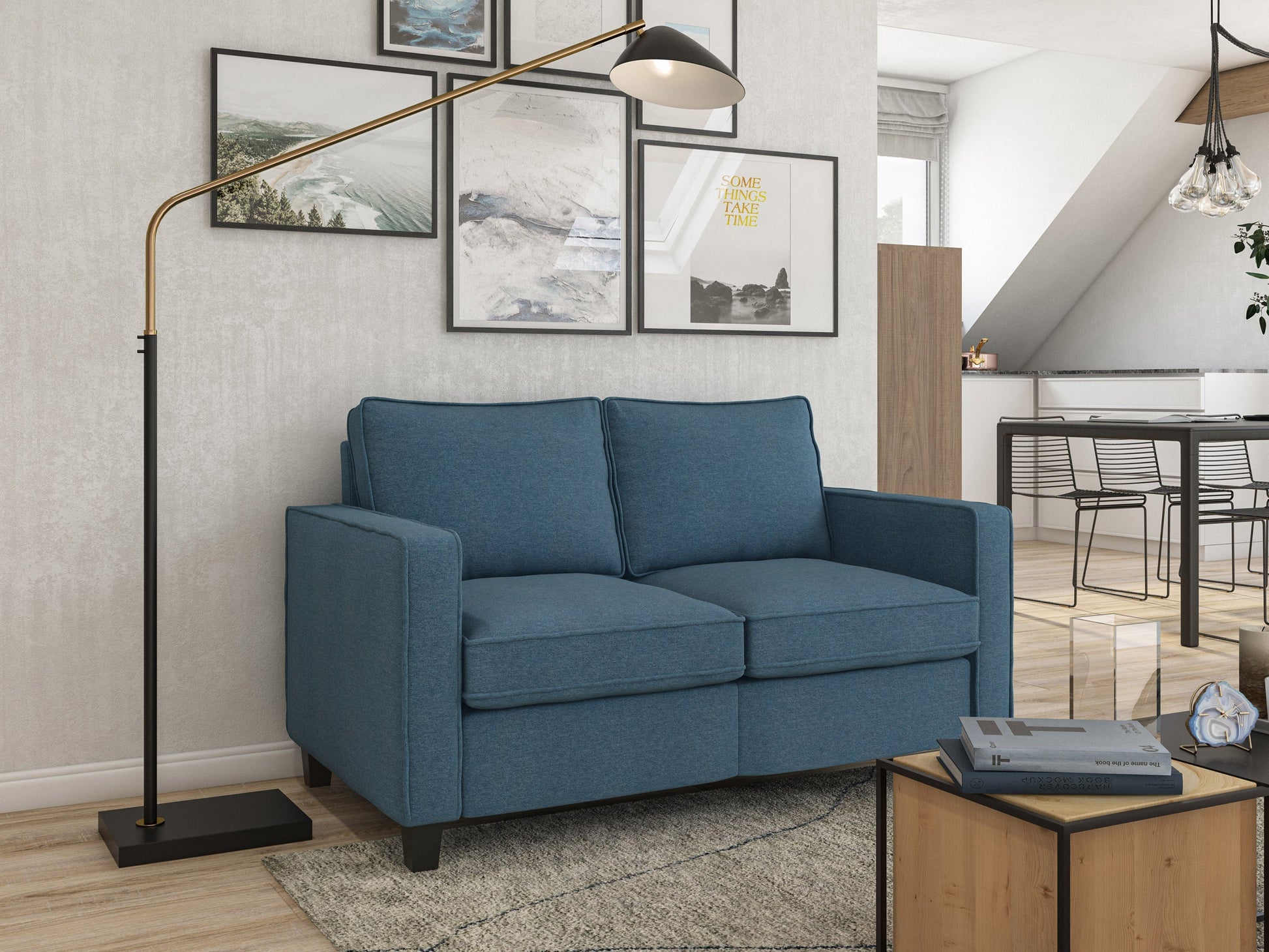 Blue 2-seater loveseat with plush velvet upholstery, tufted backrest, and elegant wooden legs. Ideal for modern living rooms, providing comfort and style.