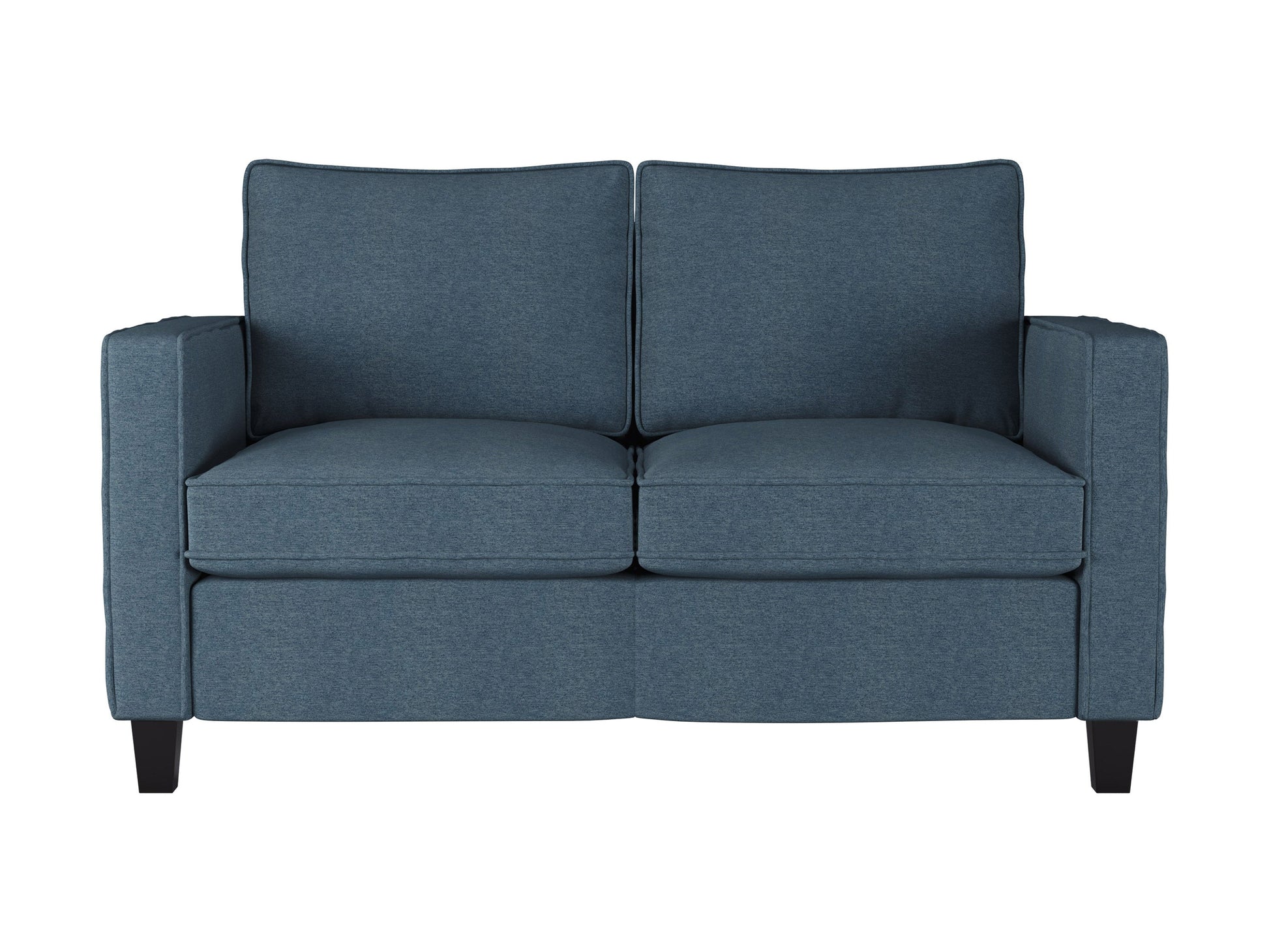 Blue 2-seater loveseat with plush velvet upholstery, tufted backrest, and elegant wooden legs. Ideal for modern living rooms, providing comfort and style.