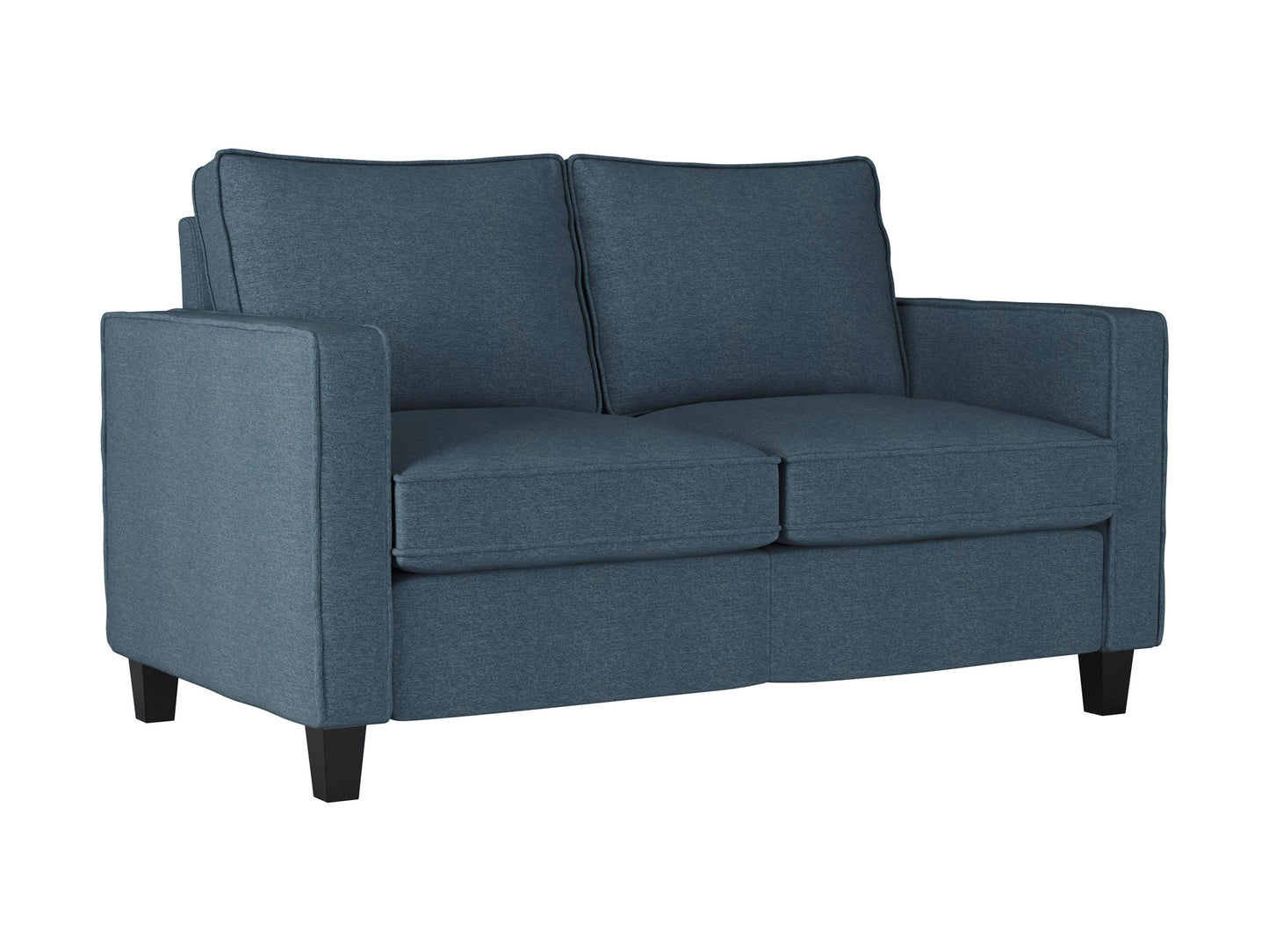 Blue 2-seater loveseat with plush velvet upholstery, tufted backrest, and elegant wooden legs. Ideal for modern living rooms, providing comfort and style.