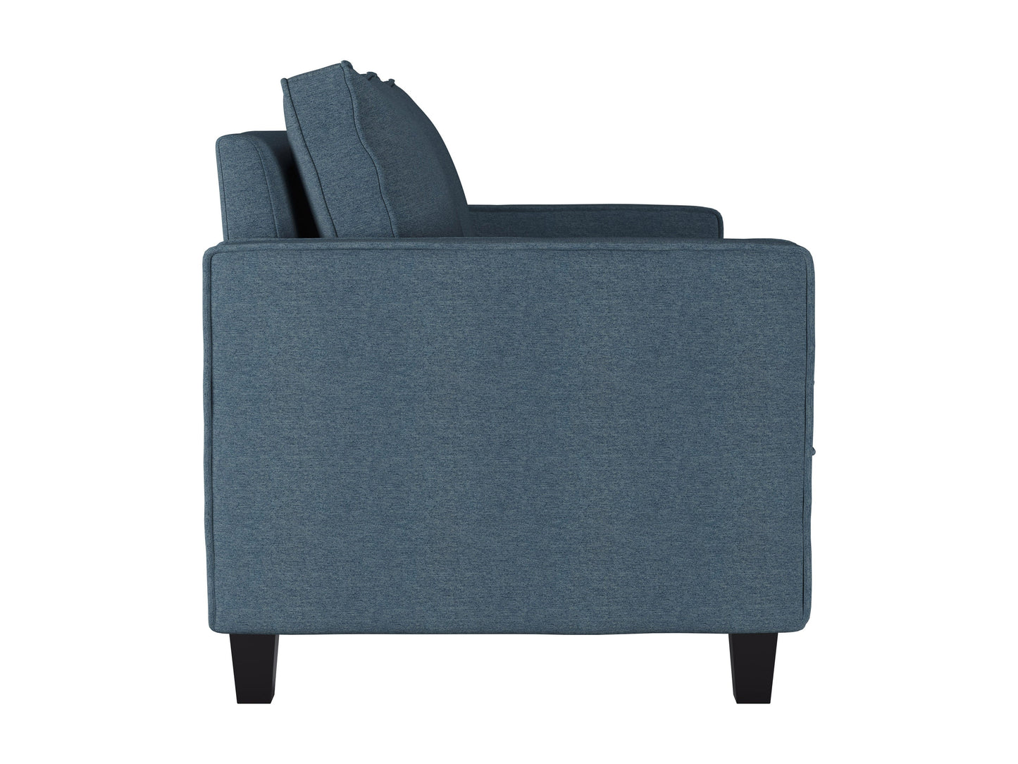 Blue 2-seater loveseat with plush velvet upholstery, tufted backrest, and elegant wooden legs. Ideal for modern living rooms, providing comfort and style.