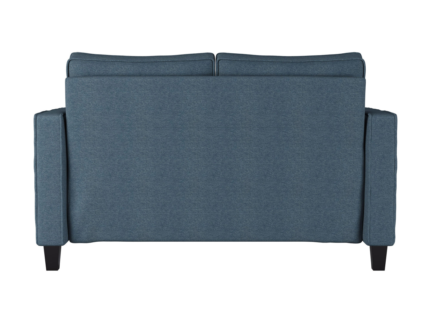 Blue 2-seater loveseat with plush velvet upholstery, tufted backrest, and elegant wooden legs. Ideal for modern living rooms, providing comfort and style.